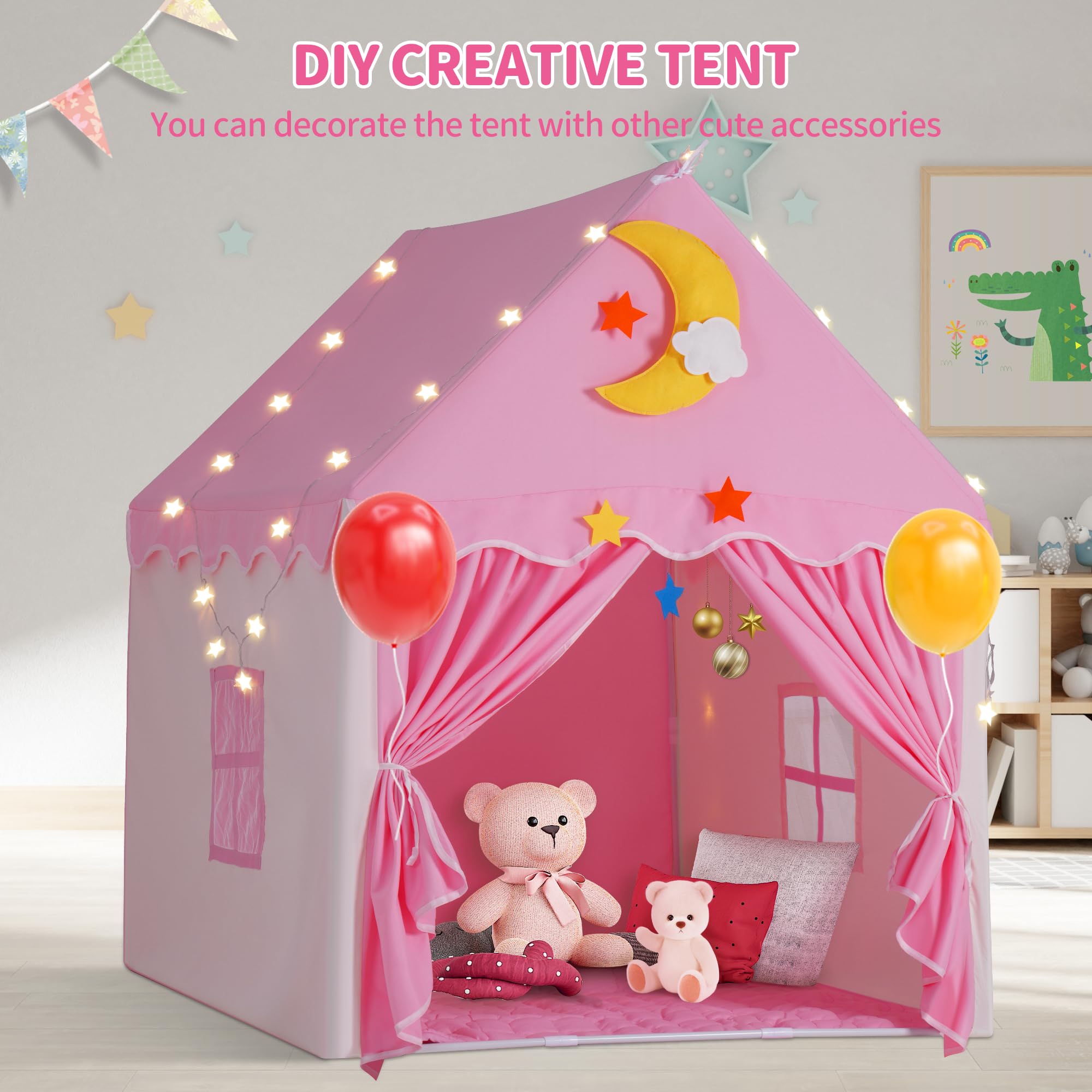 Kids Tent with Mat, Toddler Playhouse Girls Princess Castle Play Tent with Star Lights Toys for Children Indoor and Outdoor Games (Pink)