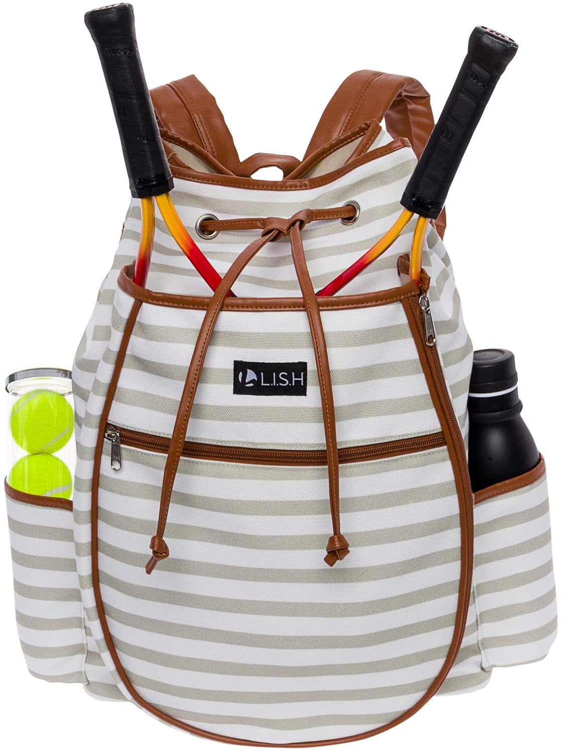 LISH Down The Line Canvas Tennis Racket Backpack Women's Striped Print Drawstring Racquet Holder Bag LISH Down The Line Canvas Tennis Racket Backpack Women's Striped Print Drawstring Racquet Holder Bag