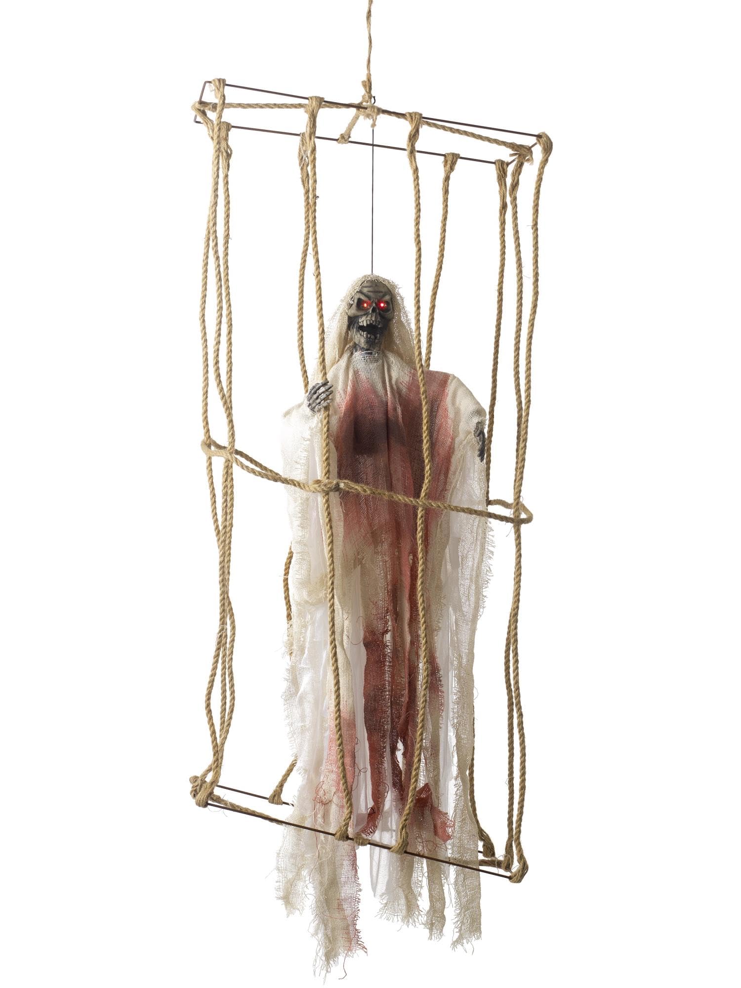Smiffys Animated Hanging Caged Skeleton Decoration, White Light Up Eyes & Movement 40x25x85cm / 15x9x33in, Halloween Fancy Dress Accessory, Halloween Dress Up Halloween decorations