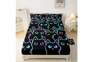 QOOMO Cute Cartoon Cat 4 Piece Kids Sheets Queen Size,Animals Bedding Sheet Set,Printed Cat Sheet Fitted Sheet with 16" Deep Pocket,100% Microfiber Ultra Soft and Skin Friendly