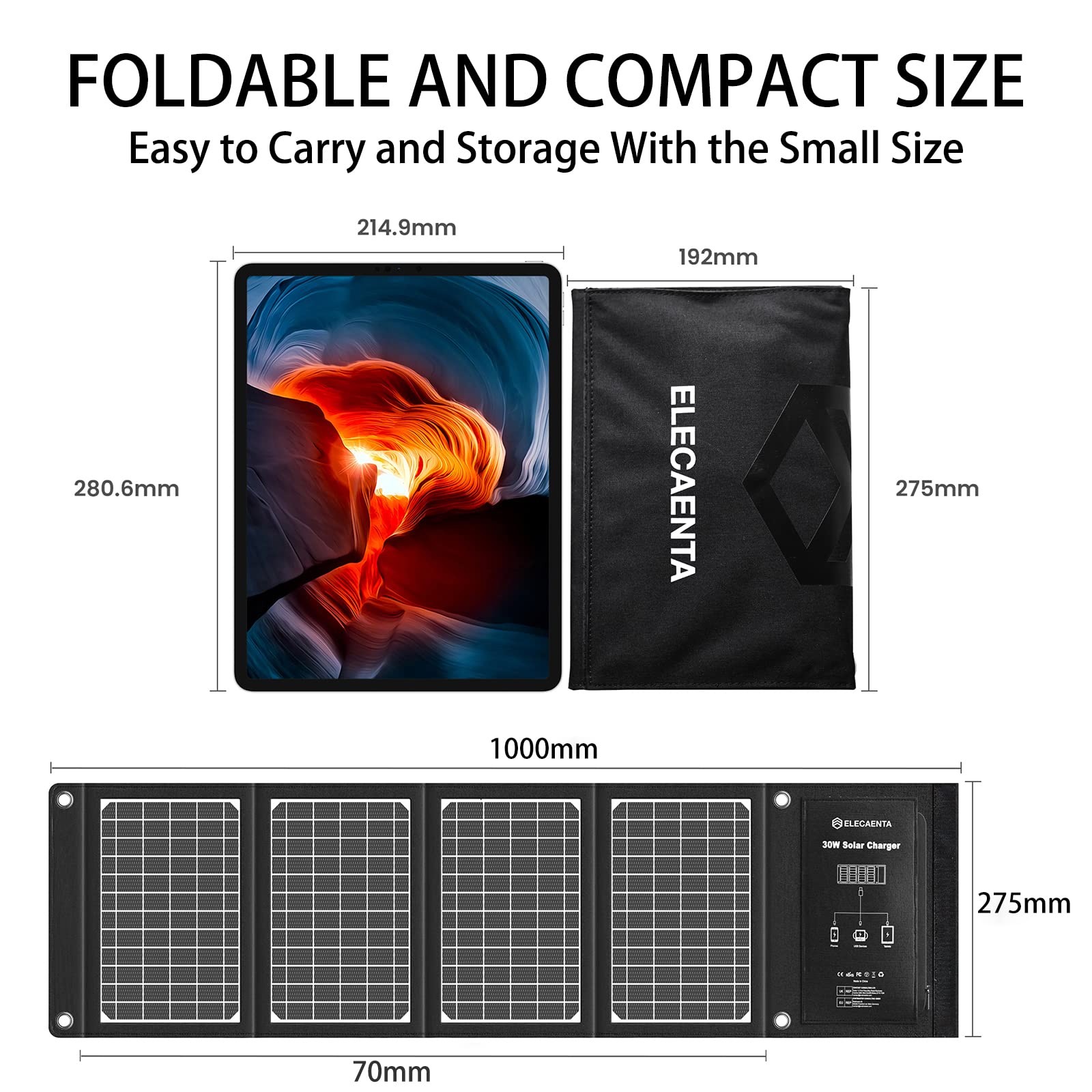 ELECAENTA 30W Portable Solar Panel Charger, 18W USB C Fast Charging, QC 3.0 and USB A Ports for Cellphones Tablets Camera Power Bank, IPX5 Waterproof, Foldable Solar Charger for Camping Backpacking