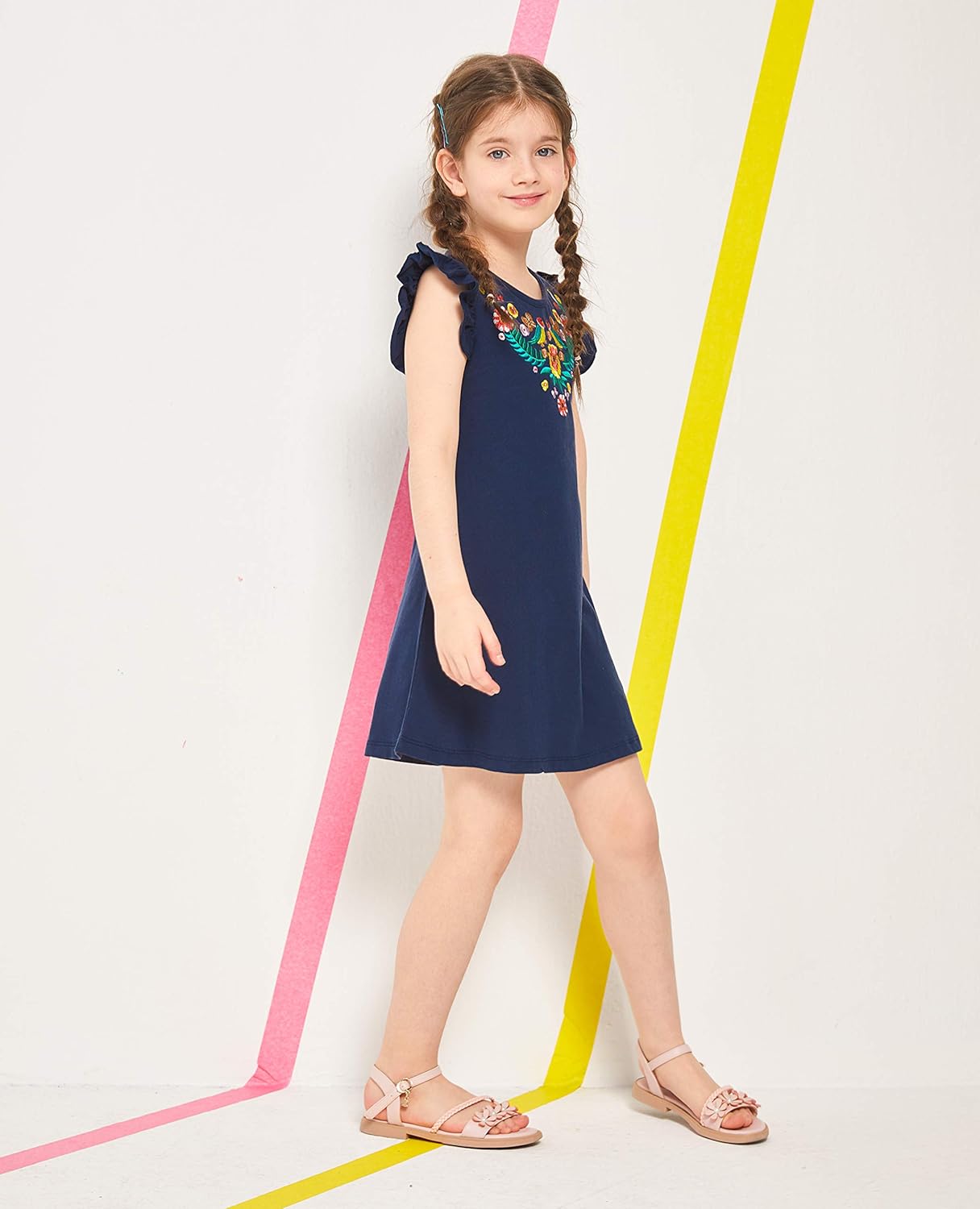 Fiream Toddler Girls Dresses Mexican Floral Casual Cotton Dress for Girls Kids: Clothing