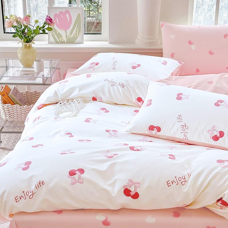 Housse de Couette 140x200 Coeurs Cerises Blanc Rose Parure de lit — photo 3 sur 7
