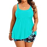 Holipick Blue Plus Size 2 Piece Swimsuit - Women Tankini Bathing Suits Flowy Swim Top with Boy Shorts