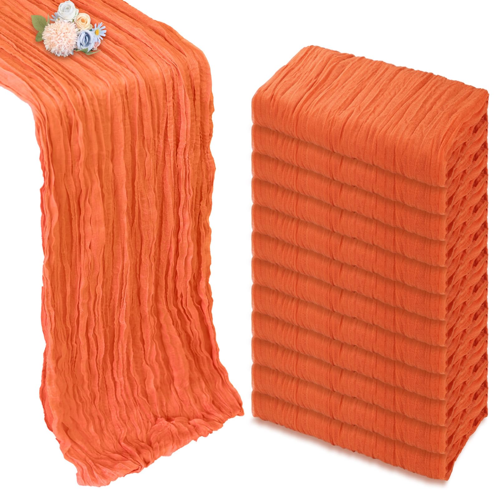 Photo 1 of 12 Pack Orange Cheesecloth Table Runner 10ft Boho Gauze Fabric Cheese Cloth Table Runner 35 x 120 Inch Rustic Sheer Runner for Romantic Wedding Decor Bridal Shower Party Table Centerpiece Decoration