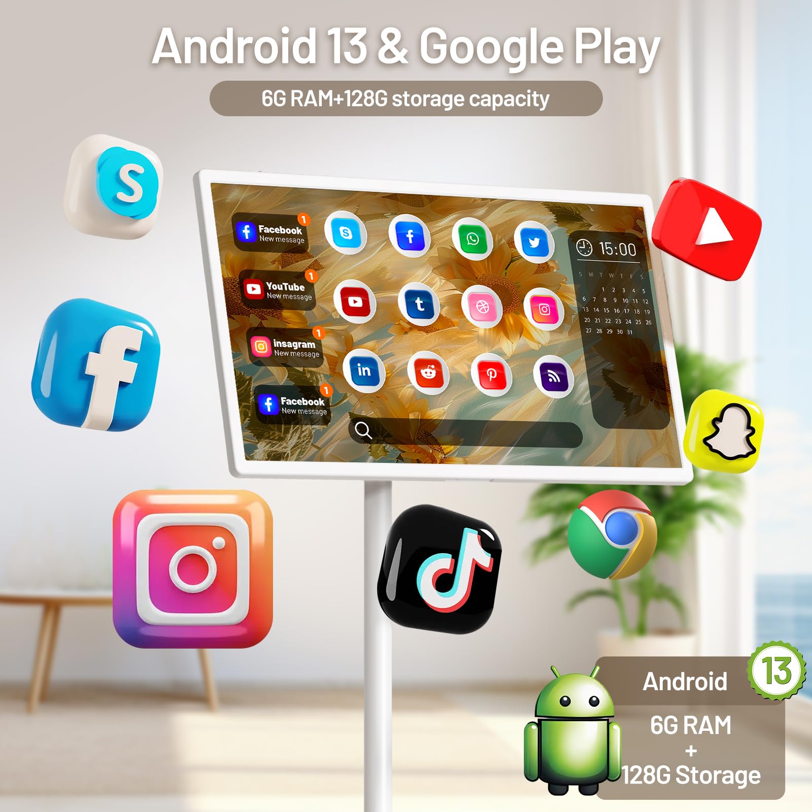 32-Inch Portable TV with Touch Screen | 6GB RAM + 128GB Storage | 1080P Full HD Portable Monitor with Built-in 8-Hour Battery | Android 13 OS | Rolling TV on Wheels | Remote Control