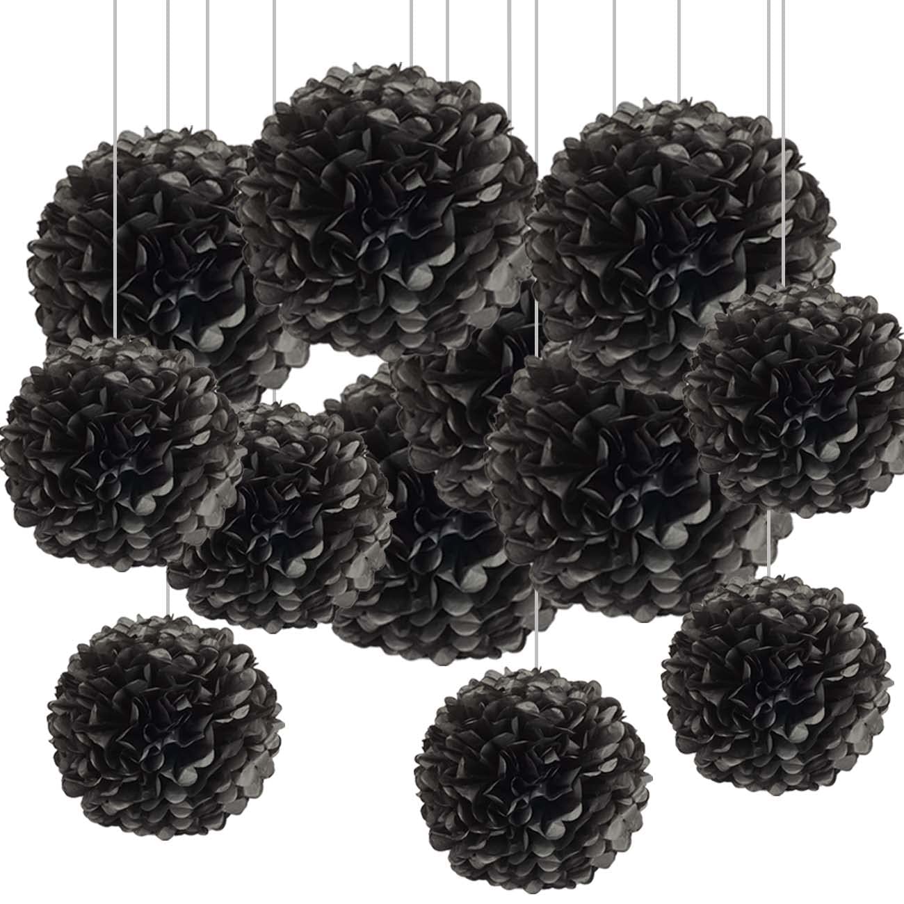 CC wonderland zone 12Pcs Black Hanging Tissue Paper Pom Poms Decorations for Party Ceiling Wall Tissue Flowers Decorations, 6Pcs of 12in & 6Pcs of 10in