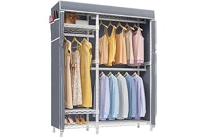 VIPEK V2C Covered Clothes Rack with 3 Hanging Rods, White Metal Clothing Rack with Grey Oxford Fabric Cover Cover, Portable Closet Rack Free Standing Closet Wardrobe for Bedroom, Max Load 700LBS