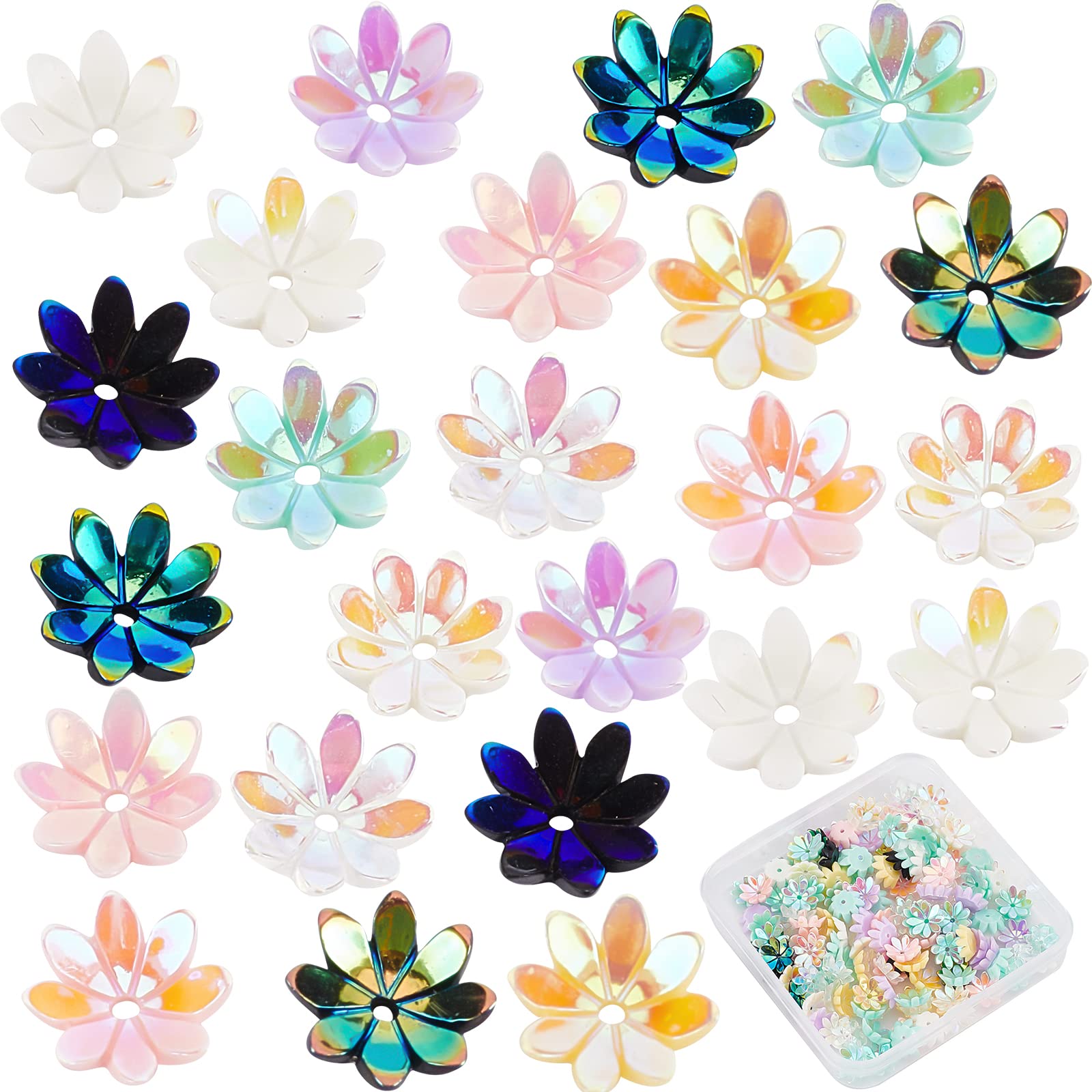 SUNNYCLUE 1 Box 160Pcs Resin Flower Beads Caps AB Color Daisy Flower Bead End Caps Assortment Flower Petal Bead Accessories for DIY Earrings Necklace Jewellery Making Crafting