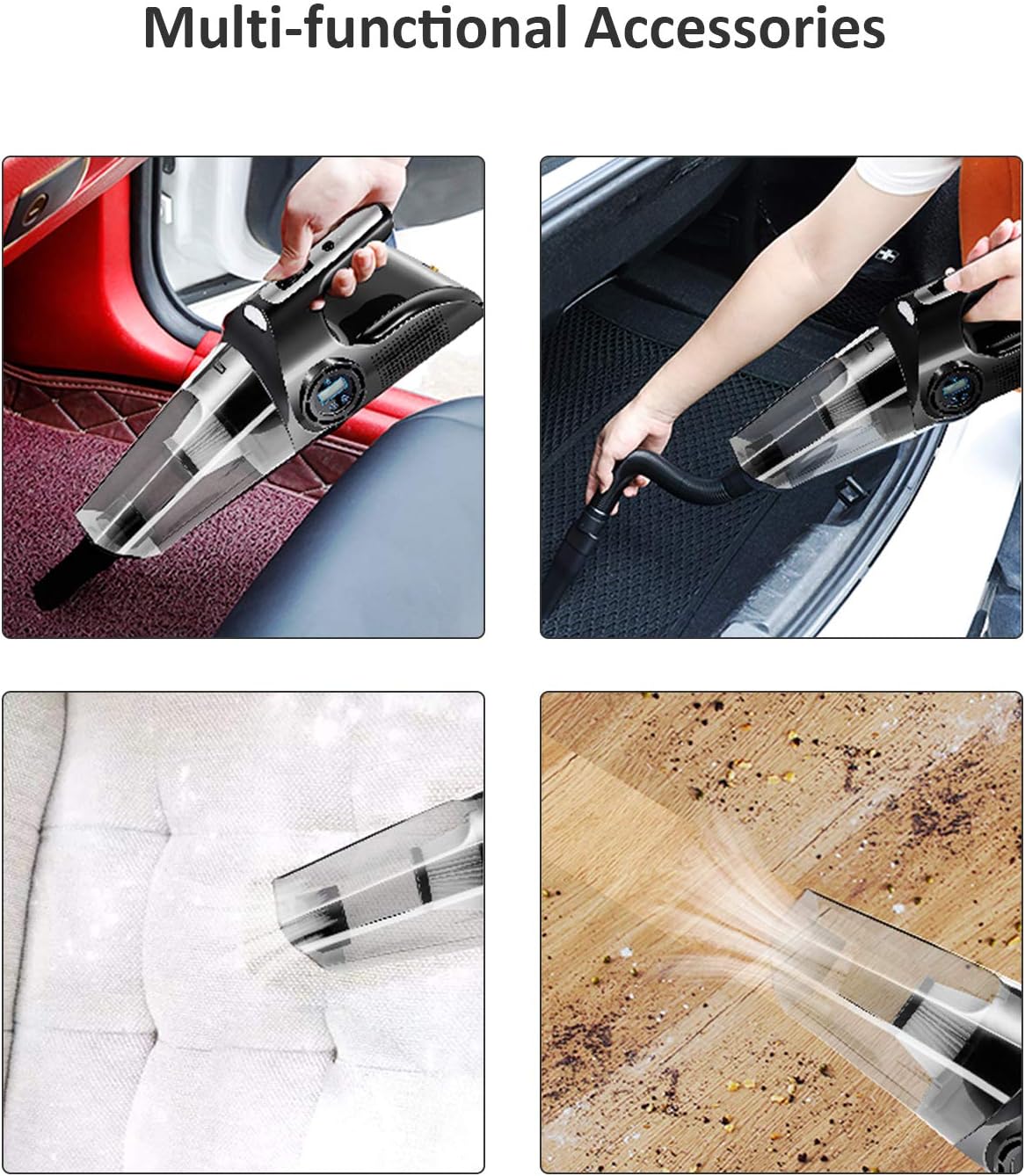 Qukpa 4 in 1Portable Car Vacuum Cleaner Air Compressor Tire Inflator with Digital Tire Pressure Gauge LCD Display DC12V High Power 6000PA Handheld Car Vacuum with LED Light for Wet and Dry Use: Automotive