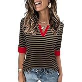 LOMON Spring Tops for Women Dressy Casual 3/4 Length Sleeve Striped Shirts Fashion V Neck Blouses 2026
