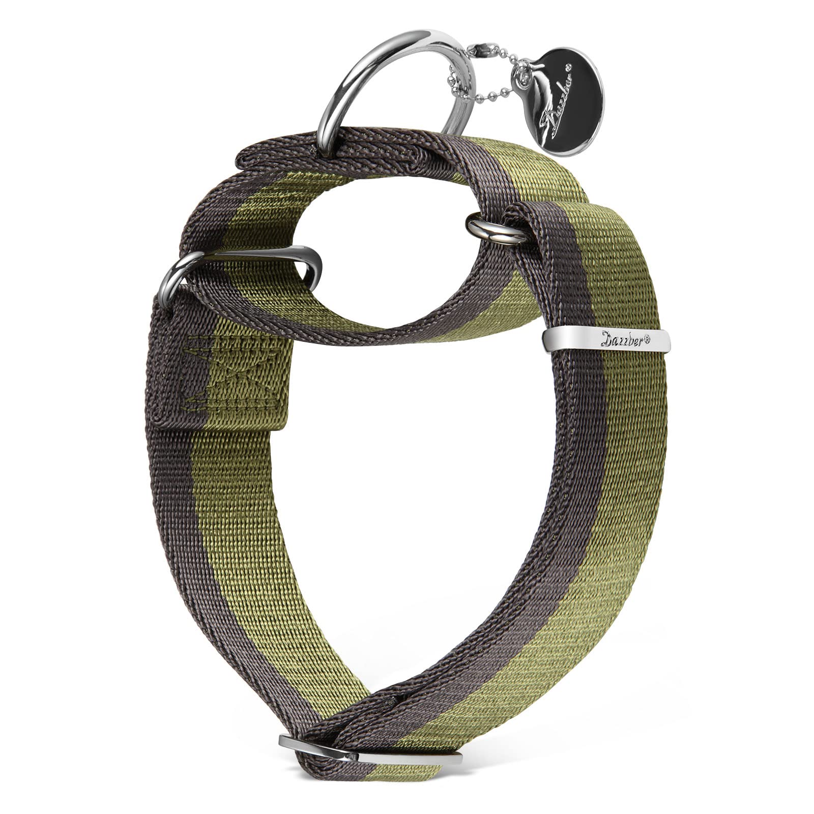 Dazzber Martingale Collar -4cm Width Extra Strong Nylon Dog Collar, No Pull Heavy Duty Dog Collar with 2-Color Stripe for Medium to XLarge Dogs (Military Green, Medium, 1 1/2 Inch Wide)