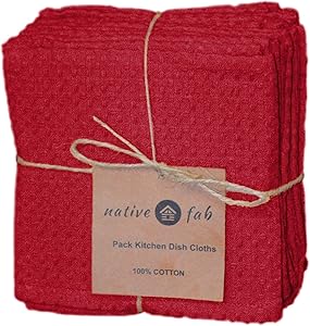 Native Fab Set of 12 Kitchen Dish Cloths Cotton 12x12 Absorbent Washable, Dish Towels, Restaurant Cleaning Towels, Bar Mops Towels, Rags for Home Kitchen Bars, Red