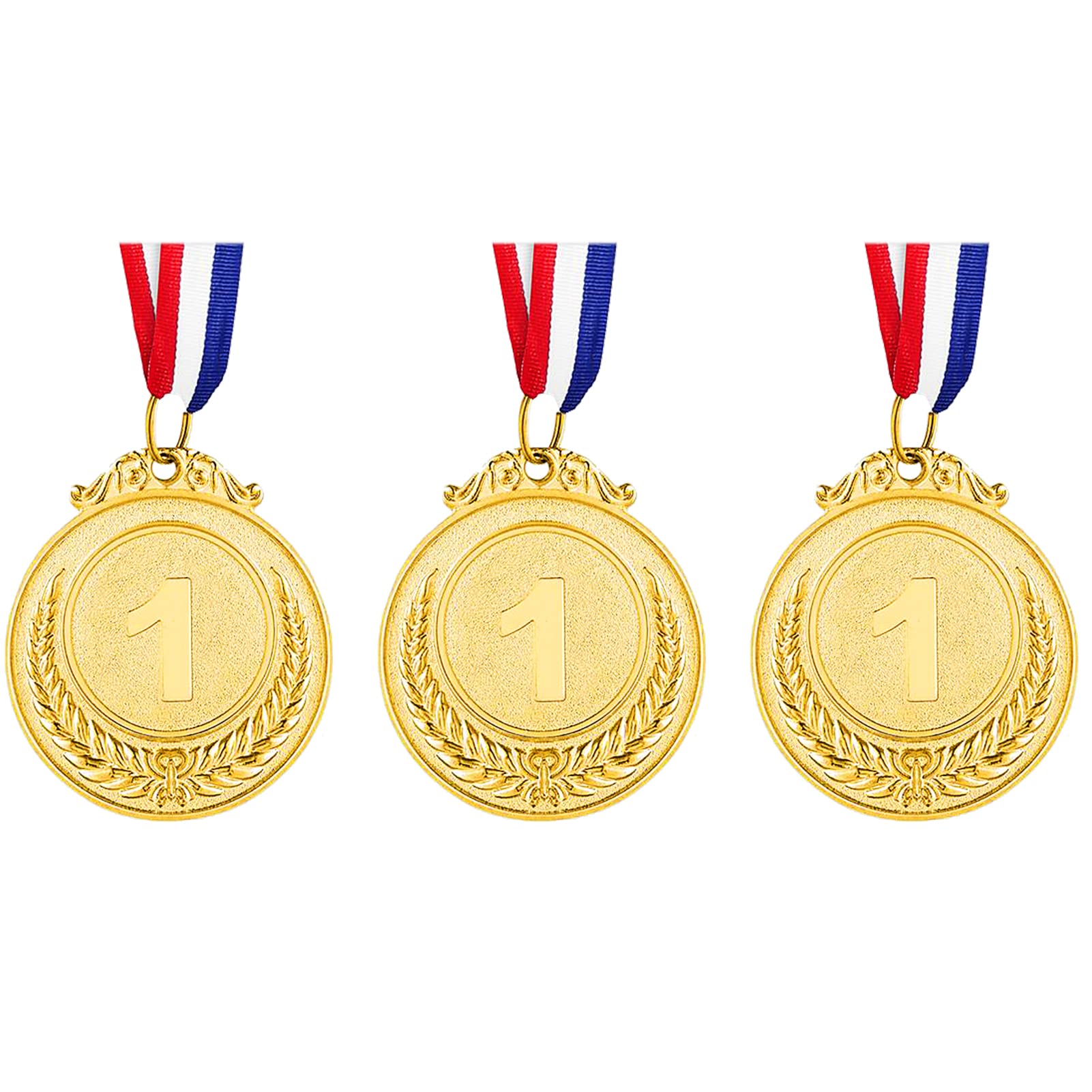 Udewo 3-Pack Metal Olympic Gold Medal with Ribbon for Sports Day, Children and Adults