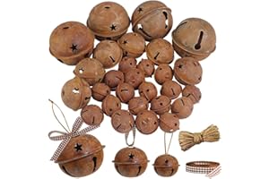 Winlyn 28 Pack Rusty Jingle Bells with Star Cutouts Christmas Sleigh Bells Rustic Metal Craft Bells Star Bells with Jute Rope Ribbon for Holiday Season Primitive Country Décor 3 Sizes 1.6" 2.4" 3.5"