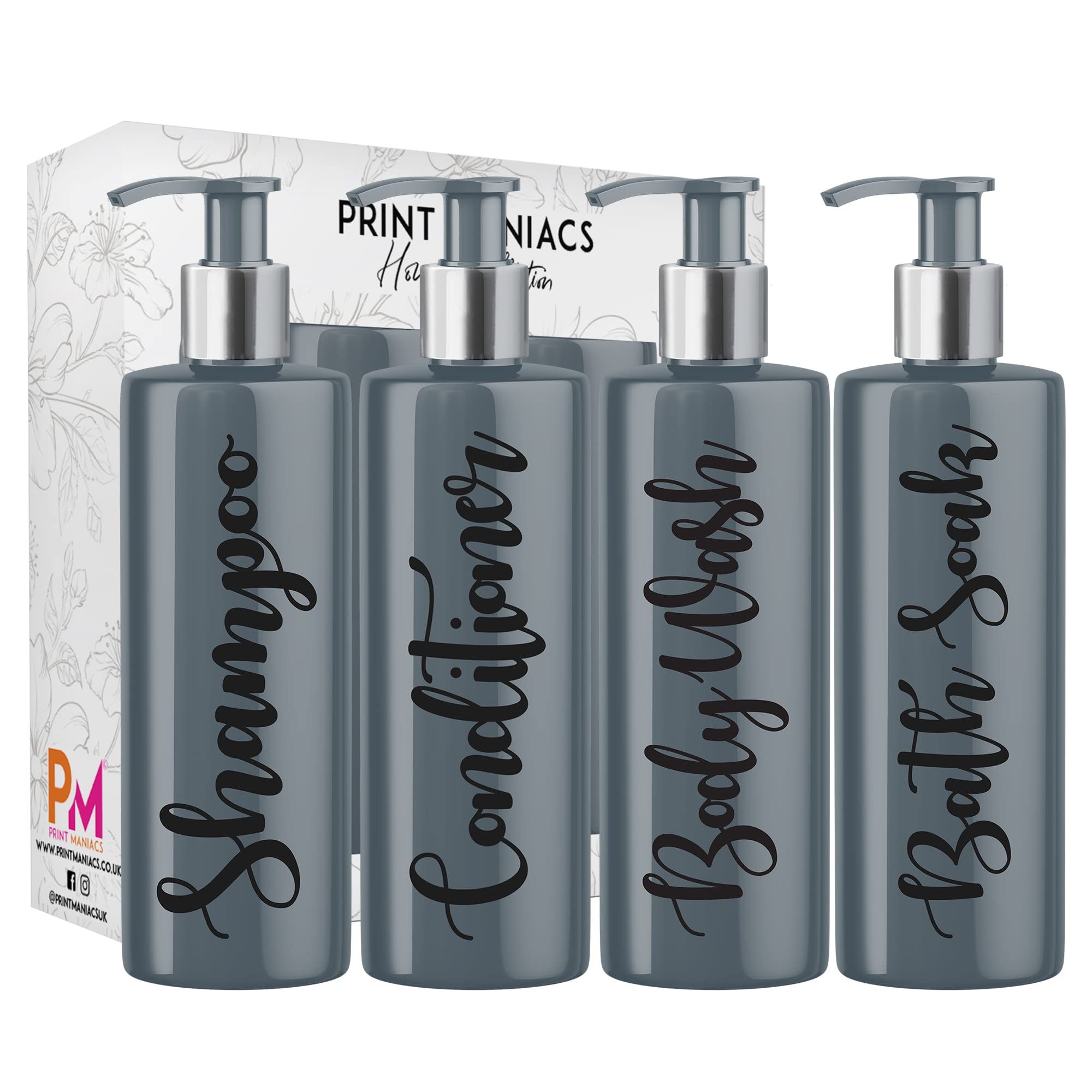 Print Maniacs Grey Mrs Hinch Inspired Personalised 500ml Pump Bottles Bathroom Set Shampoo Conditioner Body Wash Bath Soak (Black)