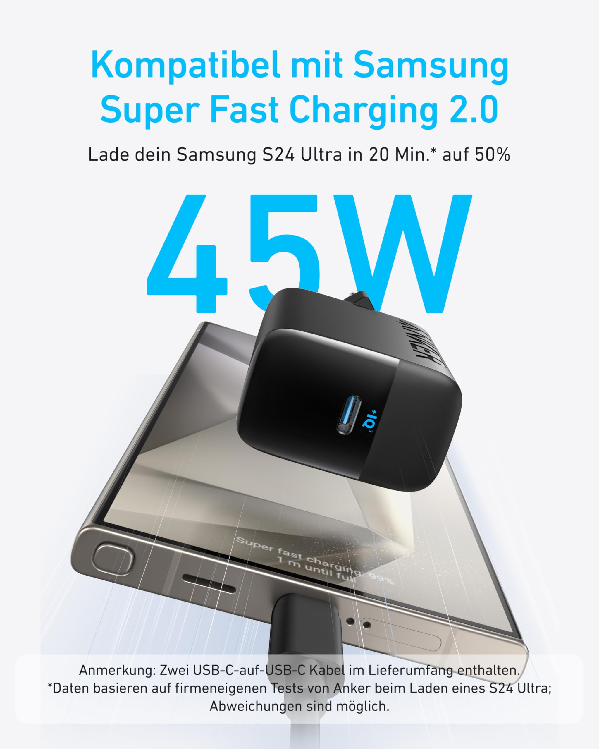 Anker 45W USB C Ladegerät, iPad Ladegerät, PPS-Schnellladen Netzteil für Samsung Galaxy S24 Ultra/S24/S23+/S23/S22/Note20, iPhone 17/Pro/Pro Max/iPhone Air/16/15, Pixel (2X 1,5m Kabel inkl.) 2