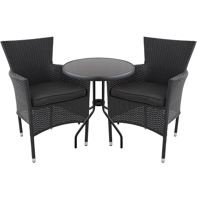 Multistore 2002 3er Set Gartengarnitur Gartenmöbel Glastisch Ø60cm + Poly-Rattan Sessel Rattansessel + Kissen Balkonmöbel Ter