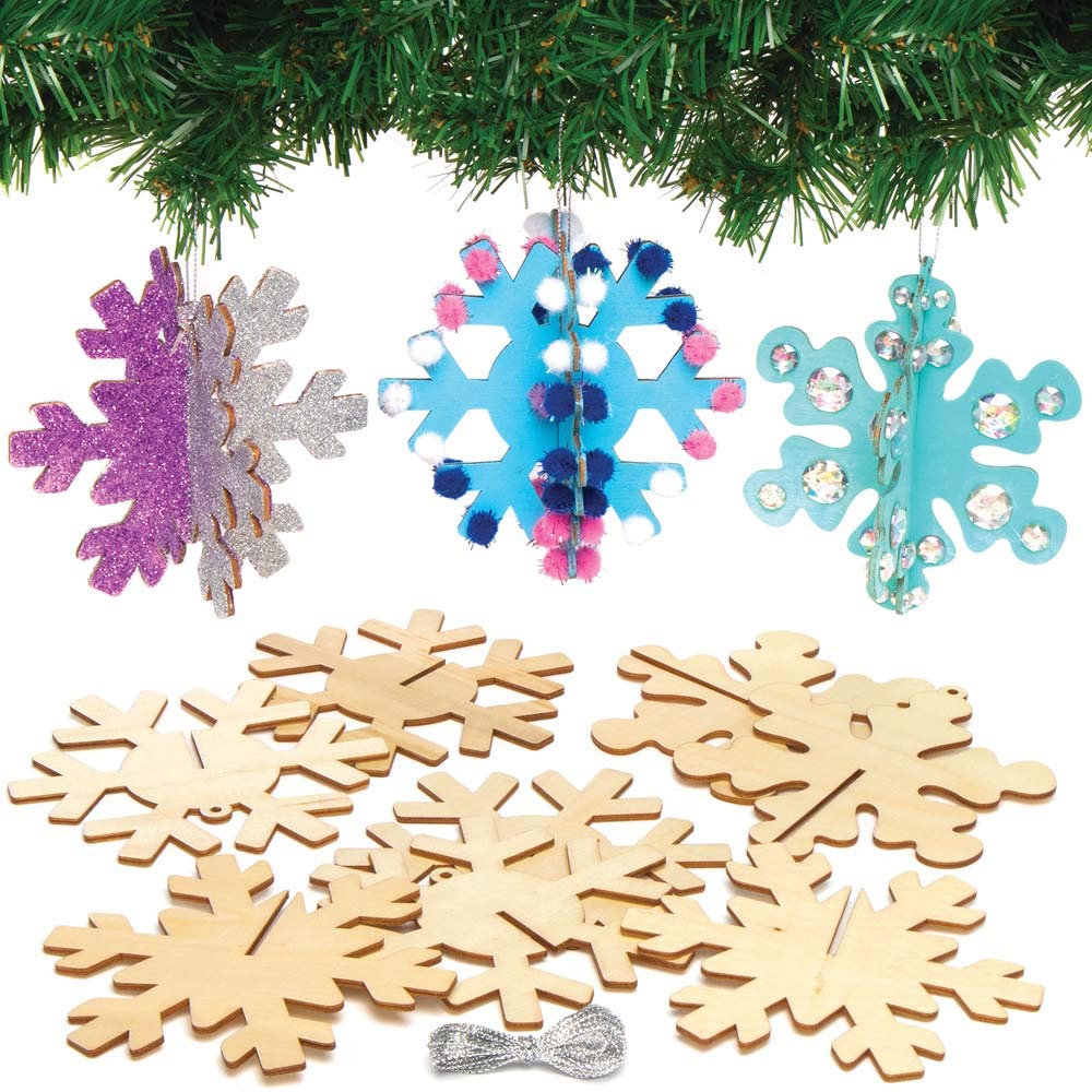 Baker Ross AX403 Snowflake Wooden 3D Decorations - Pack of 6, Christmas Decorations for Kids to Decorate and Display, Ideal Kids Arts and Crafts Project