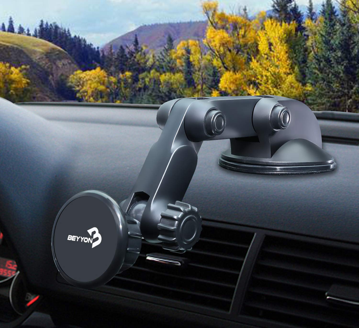 Magnetic Car Phone Mount，Beyyon Dashboard Windshield 5 Magnets and Unique Design with Flexible Viewing Angle Car Phone Holder Compatible with iPhone X/8/8P/7/7 Plus Galaxy S9/S9 Plus Edge