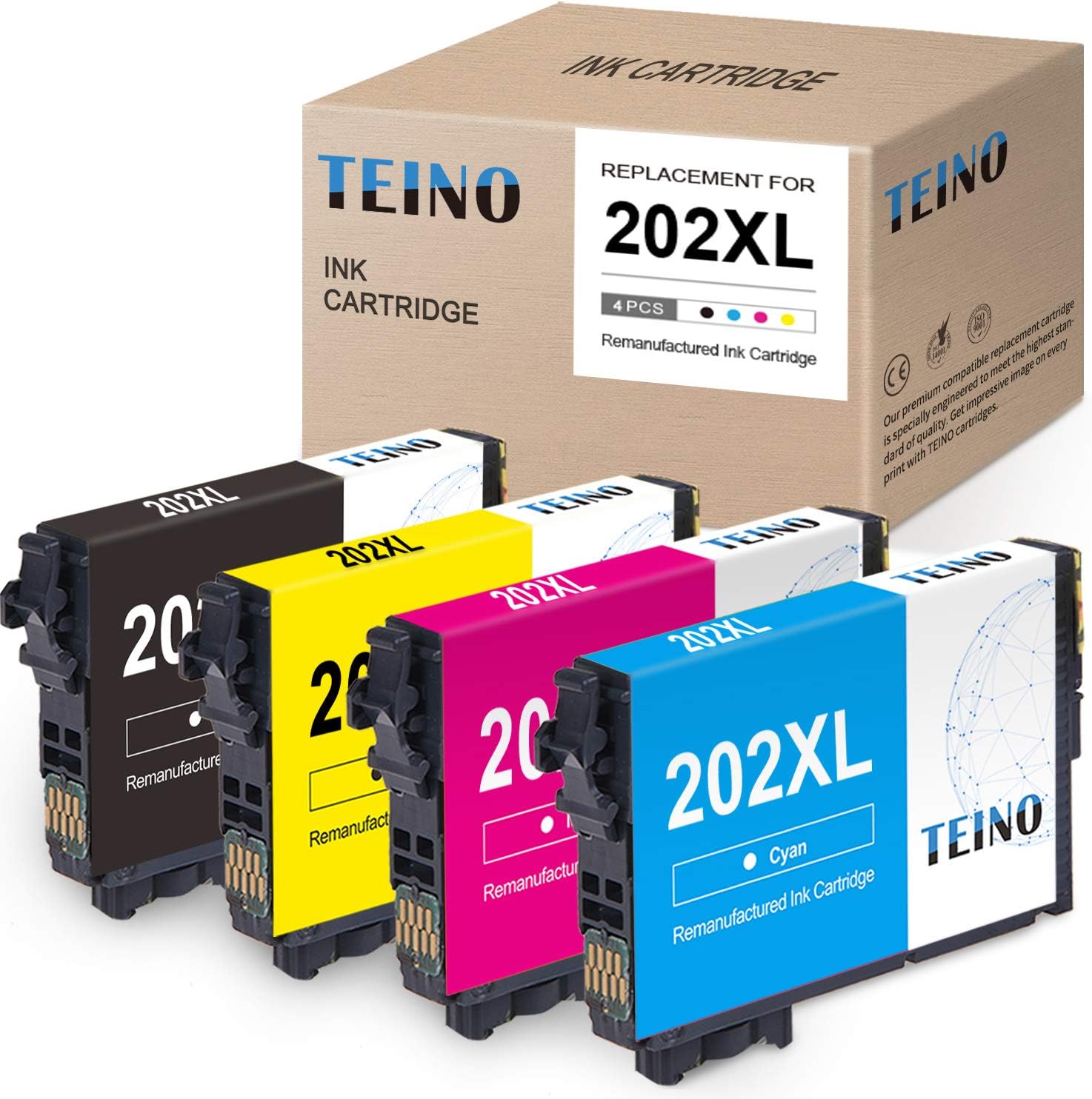 TEINO Remanufactured Ink Cartridges Replacement for Epson 202XL 202 XL T202XL use with Epson Workforce WF-2860 Expression Home XP-5100 (Black, Cyan, Magenta, Yellow, 4-Pack)