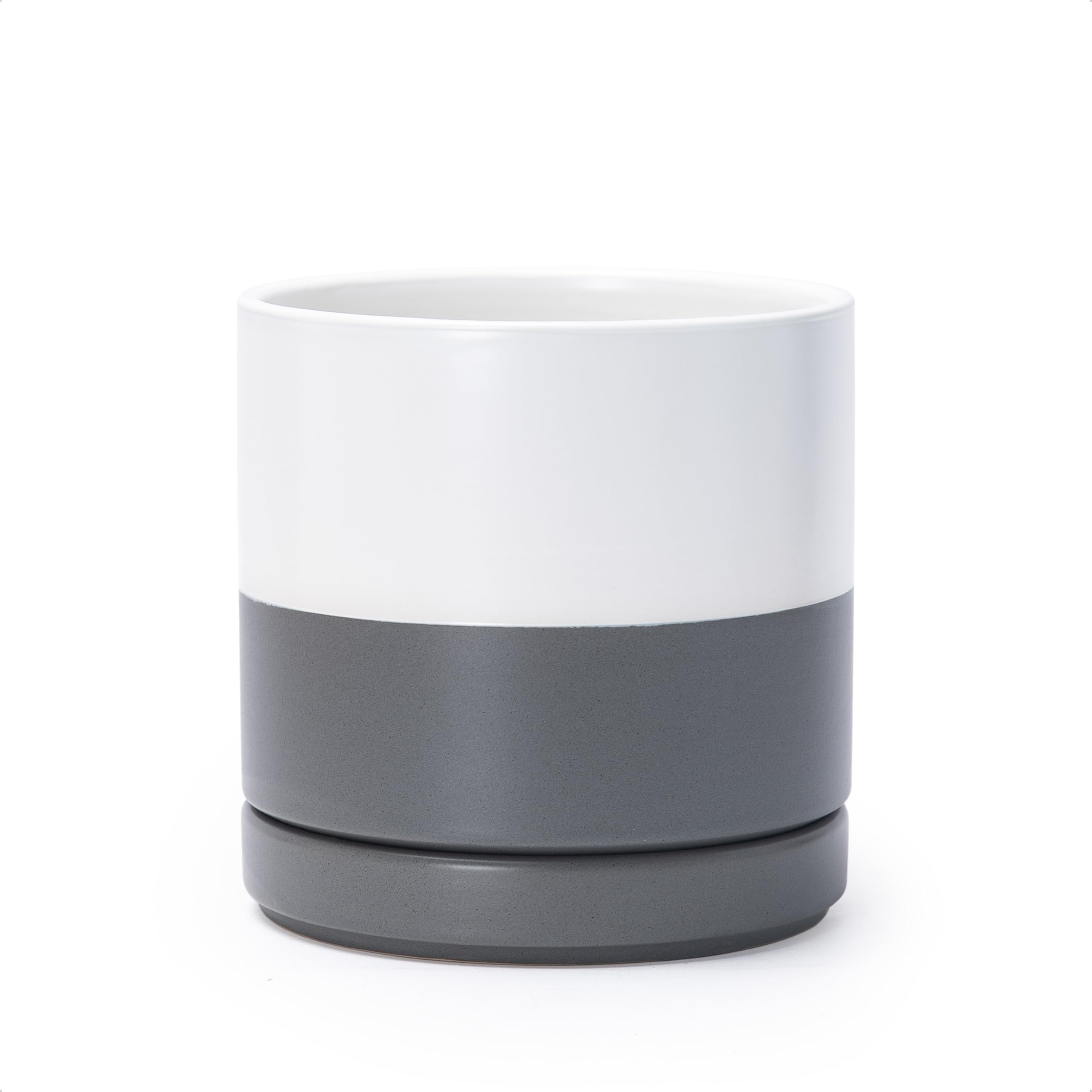 D'vine Dev 6.5 Inch Ceramic Planter Pot with Drainage Hole and Saucer, Indoor Cylinder Round Flower Pot, White/Speckled Grey, 94-O-C-6