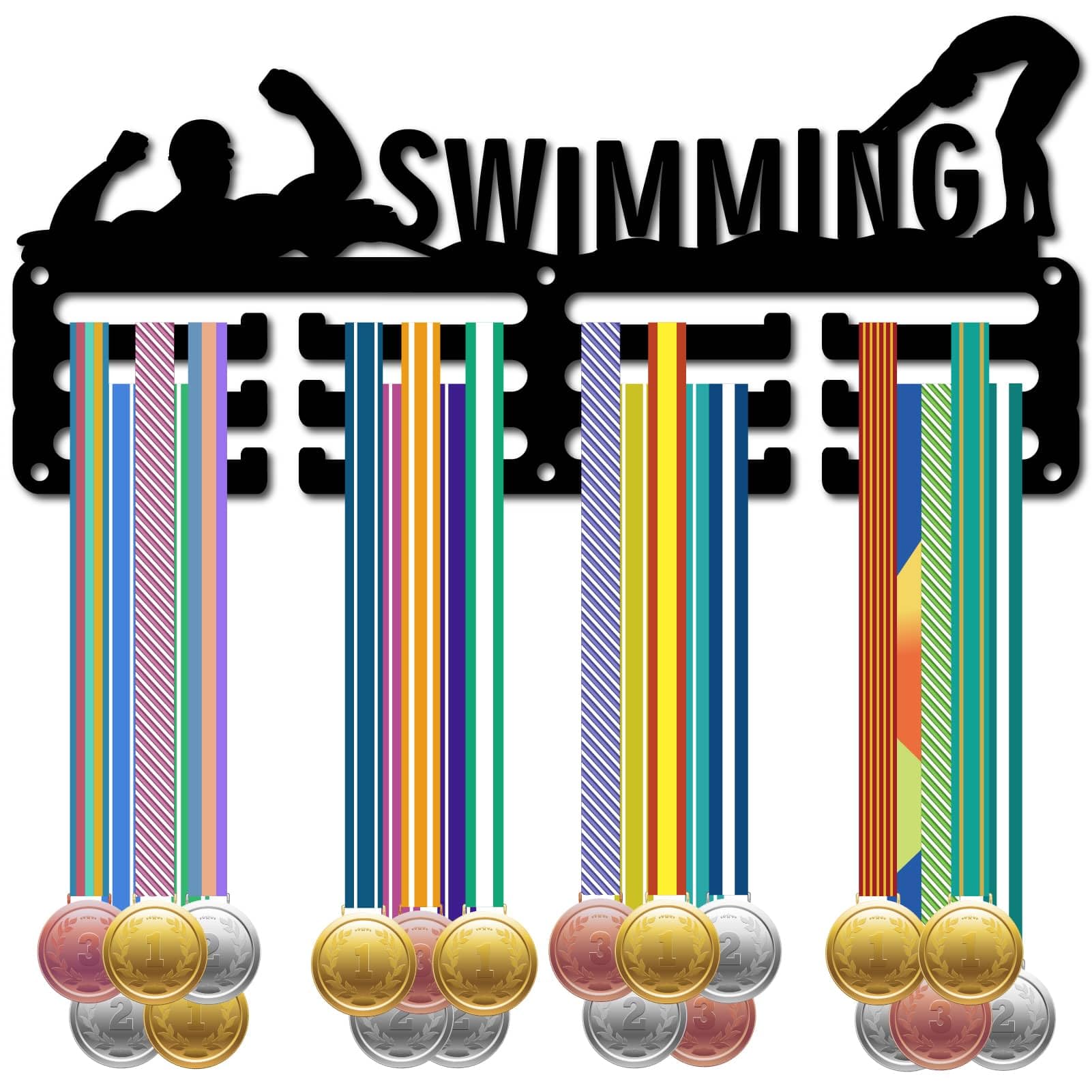 CREATCABIN Swimming Medal Holder Medal Hanger Small Medal Rack Display Hanging Awards Wall Mounted Room Decor Sports Swimming Running Cycling for Athletes Race Winner Men Women 11.4x5.1 Inch Black