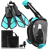 Viginsul Mask Fins Snorkeling Gear for Adults, Full Face Snorkel Mask & Adjustable Swim Fins Snorkel Set, Panoramic View Snorkel Mask Dry Top Anti-Fog Anti-Leak