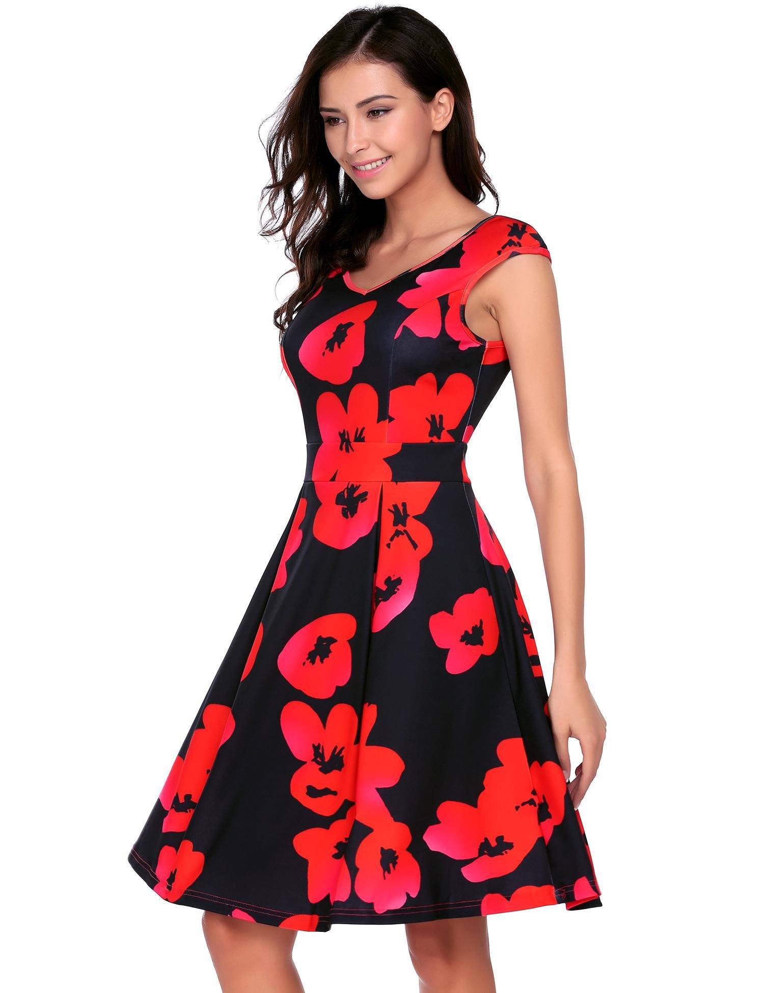 Zeagoo Women\'s Casual Vintage Cap Sleeve Flower Printed V Neck Swing Dress Black L