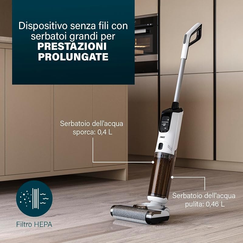 337010 AquaMotion Plus Lavapavimenti, 4 in 1 Aspira, Lava & Asciuga, Senza Fili, 50 Min Autonomia, Filtro HEPA, Autopulizia, 170W, 75dB, Display Intelligente, Base di Ricarica, Leggero