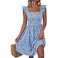 Loemes Summer Casual Cute Floral Flowy Square Neck Sundressses with Pocket Beach Dress for Women