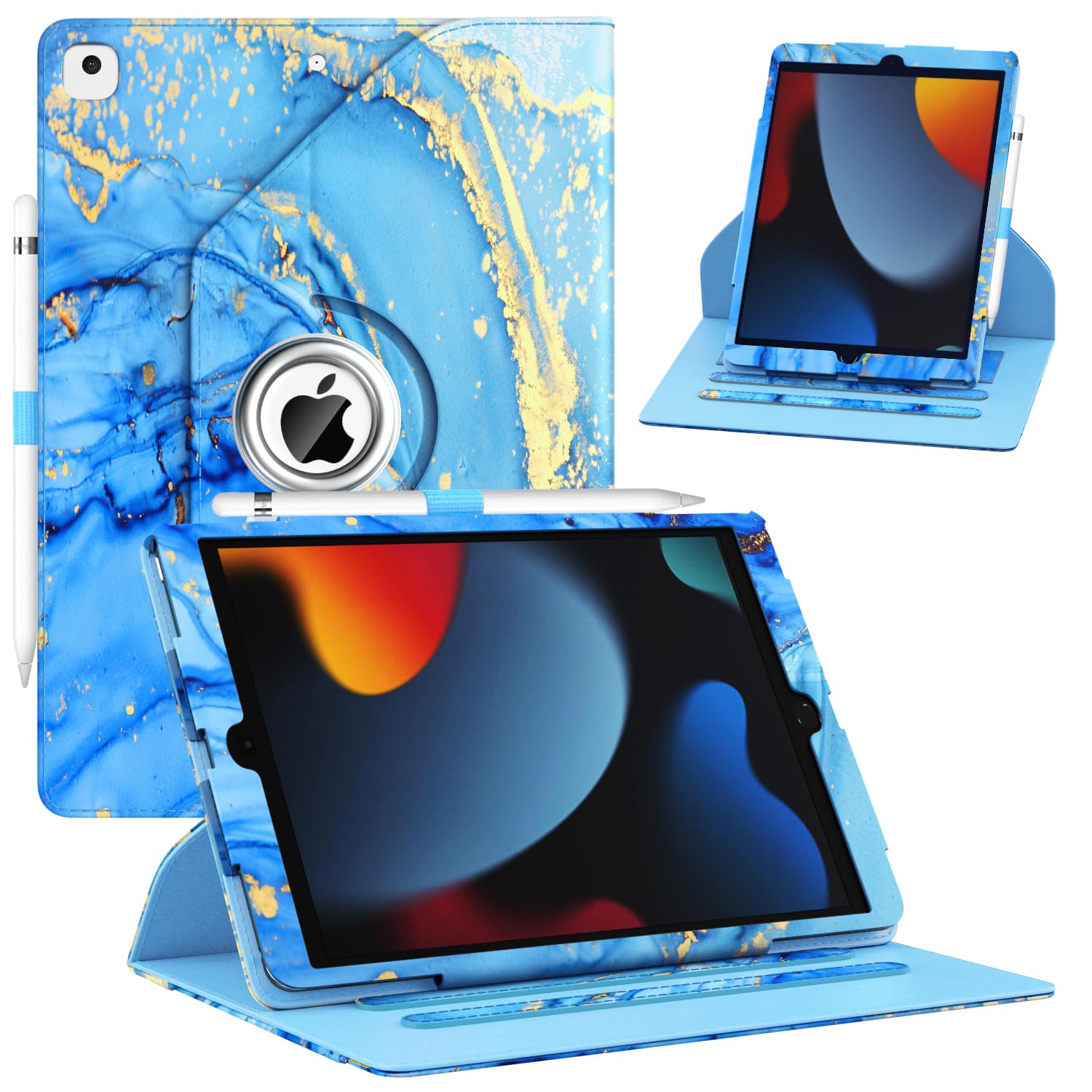 ZoneFoker for New iPad 9th/ 8th/ 7th Generation Case, iPad 10.2 Case, 360 Degree Rotating Multi-Angle Viewing Stand, Leather Cover with Pencil Holder for iPad 10.2 inch 2021/2020/ 2019 (Marble Blue)