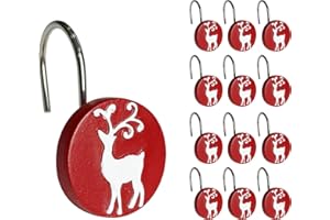 Sunlit Merry Christmas Shower Curtain Hooks White Reindeer Red Shower Curtain Rings, Resin, Winter Bathroom Decoration - 12 Pack