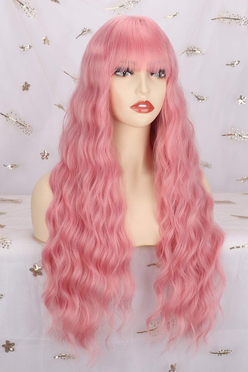 YEESHEDO 28 Inch Long Hair Pink Wigs for Women Natural Curly Wavy Synthetic Wigs with Fringe for Party Cosplay or Daily Wear - Image 5