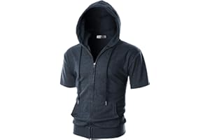 Ohoo Mens Slim Fit Zip up Hoodie Short Sleeve Thin Jacket Full Zip Sweatshirt with Kanga Pocket