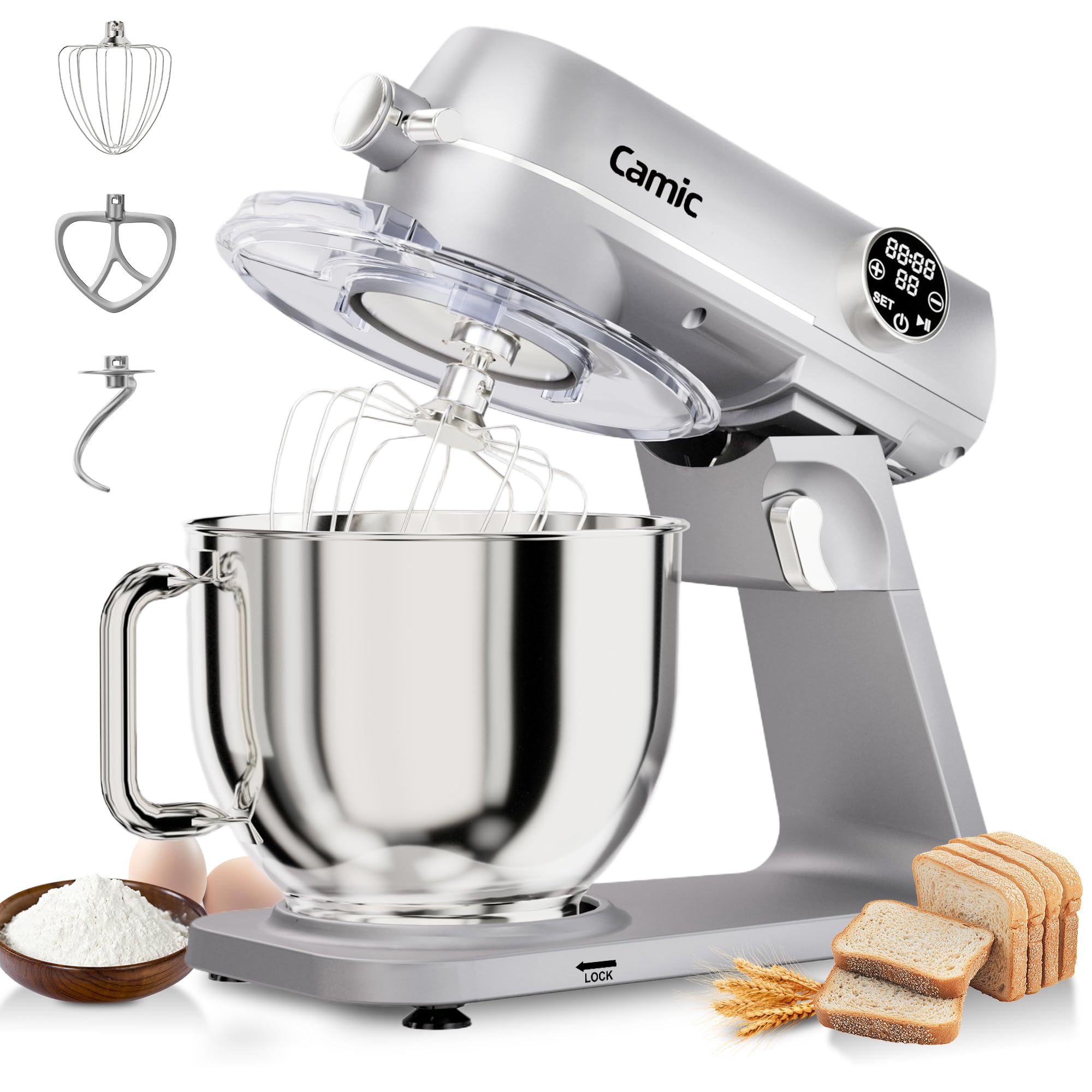 Photo 1 of 8.45 QT All Metal Stand Mixer,10 Speed Large Capacity Kitchen Mixer with Digital Timer & Tilt-Head, Electric Mixer with Whisk Dough Hook Mixing Beater for Baking,Cakes,Cookie,Bread,Salad(Silver)