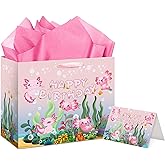 Axolotl Birthday Gift Bag Girls - Pink Cute Animal Party Favor Bags with Tissue Paper And Greeting Card Cartoon Birthday Gifts Wrapping for Kids Axolotl Party Salamander Themed Decorations Supplies