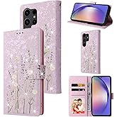 UEEBAI Wallet Case for Samsung Galaxy S25 Ultra 5G, PU Leather Phone Case Kickstand RFID Blocking Flip Case Card Slots Wrist Strap Relief Engraved Pattern Magnetic Closure Flower Case, Lavender