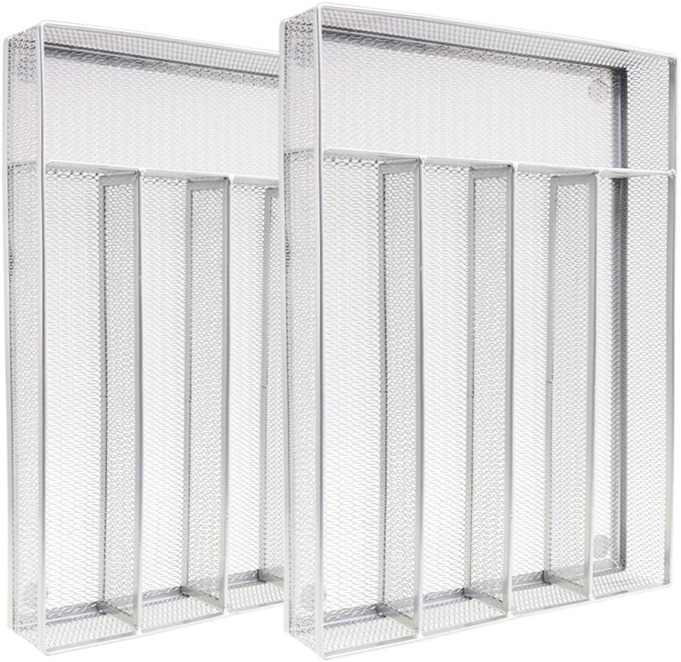 SZAT PRO 2 Pack Mesh Silverware Cutlery Tray Drawer Organizer Kitchen Organization Storage Flatware Utensil Organizer for Knives Spoons Forks (Silver, 12.5” x 9.4” x 2”, 5 Compartments)