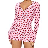 Neavuge Women Cute Pajamas Jumpsuit Heart Print Long Sleeve V Neck Button Shorts Bodysuit Valentine Sexy Sweet Romper Overall