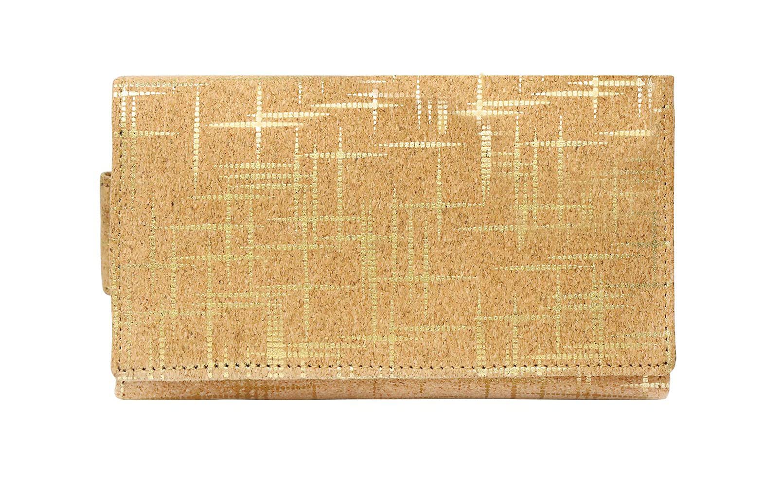 Hudson & James Ladies Designer Cork Vegan RFID Blocking Shield Compact Card Holder Wallet Purse Multi Card Women Clutch Wallet with Phone Pocket (Cork with Golden Accents)