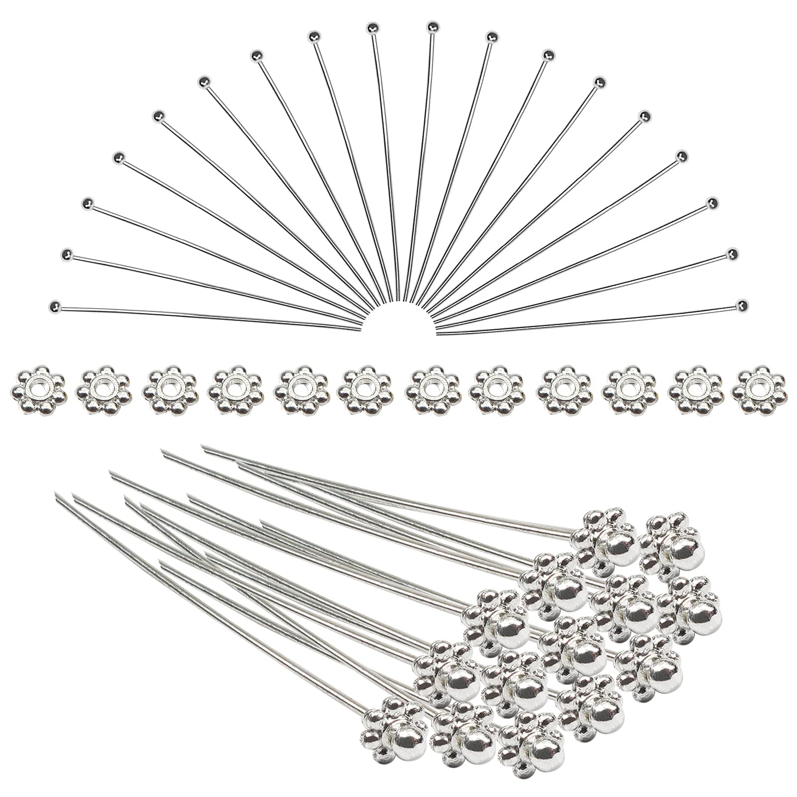 TOAOB 200pcs 50mm Silver Tone Brass Ball Head Pins Needles Jewelry Pins and Spacer Beads Suitable for 0.8mm to 4mm Holes