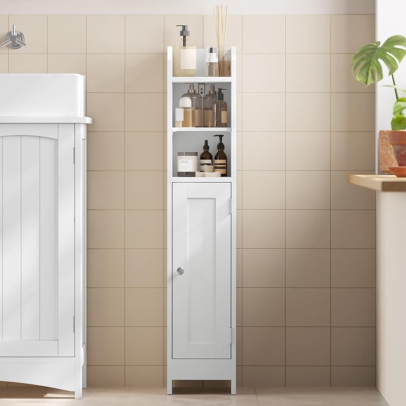 VASAGLE Slim Bathroom Floor Cabinet with Door Cloud White BBC311W01