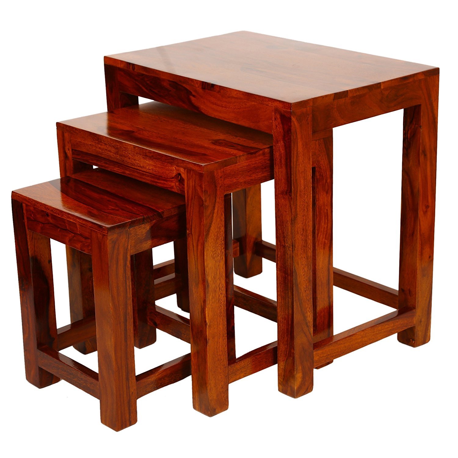 Santosha Decor Sheesham Wood Bedside Nesting Table Set of 3 Stool for Living Room (Natural Teak)