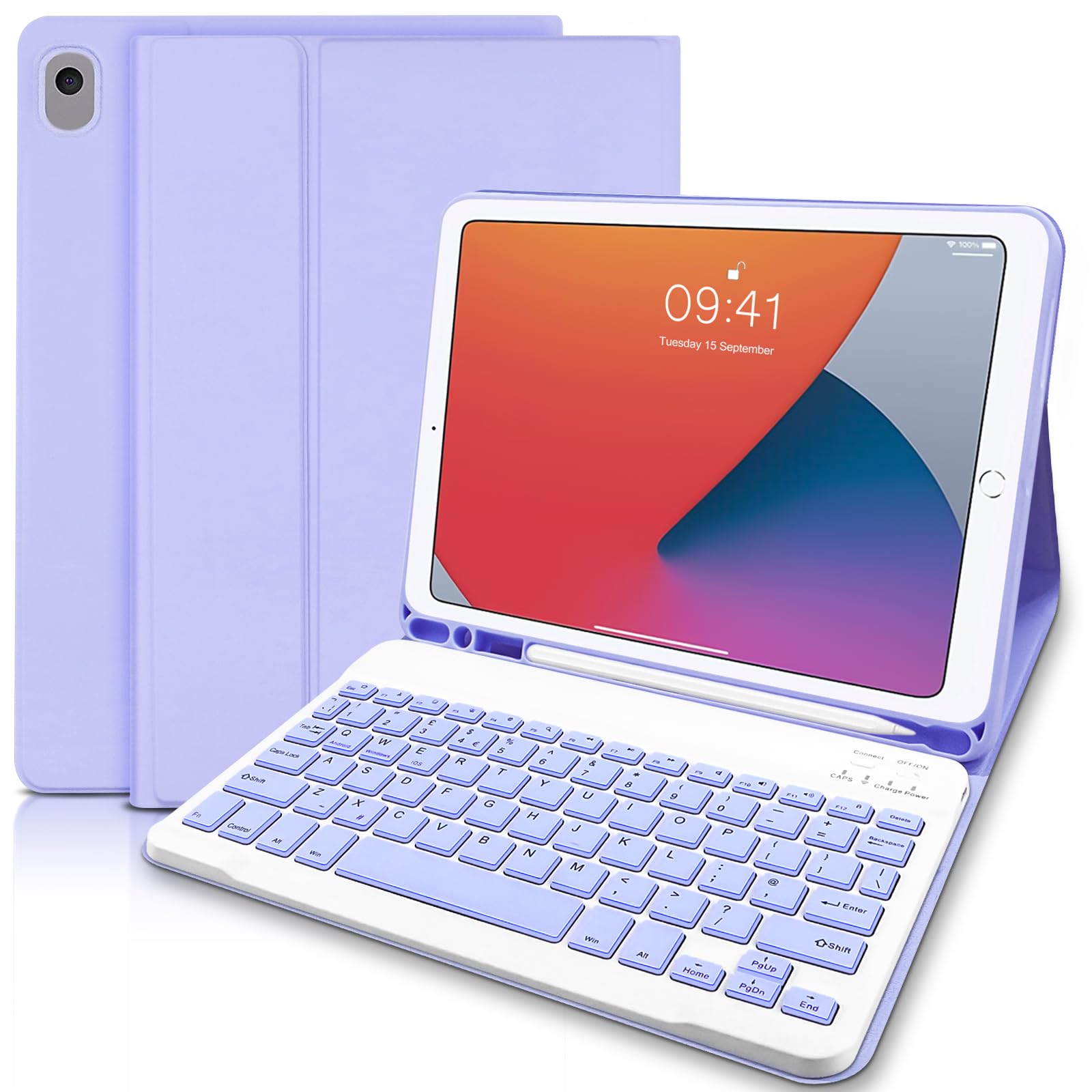 Lielax Case with Keyboard for iPad 9th Generation 2021/8th Gen 2020 /7th 2019 /Air 3/ Pro 10.5 - Magnetic Detachable Bluetooth Keyboard (UK Layout) with Pencil Holder for iPad 10.2 Inch, Purple