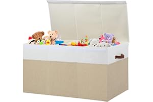 GOWEE Extra Large Toy Storage Box with Lid, Sturdy Toys Storage Chest Bin Organizer Basket with Dividers for Kids, Boys, Girls, Nursery, Closet, Bedroom, Playroom 35.5"x17" x17" (Beige and White)