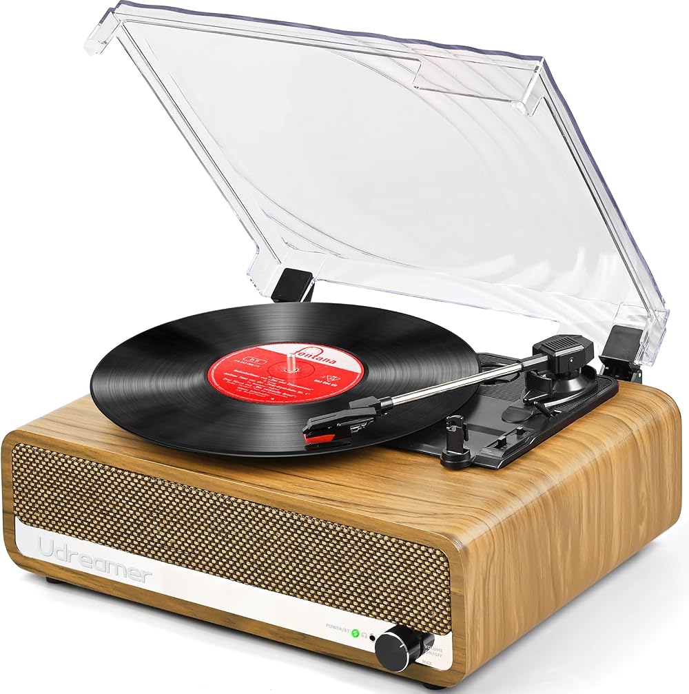 Udreamer Record Player with Speaker Bluetooth Turntable 3 Speed Belt-Driven