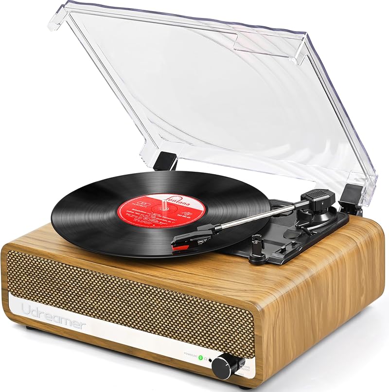 Udreamer Record Player with Speaker Bluetooth Turntable 3 Speed Belt-Driven