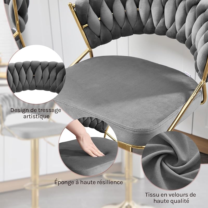 Lot de 2 Tabouret de Bar avec Dossier Tissé et Repose-Pieds, Tabouret Pivotant, Hauteur Réglable, Base Évasée en Métal + Siège en Velours, Gris foncé, BH427dgr-2 — photo 3 sur 8