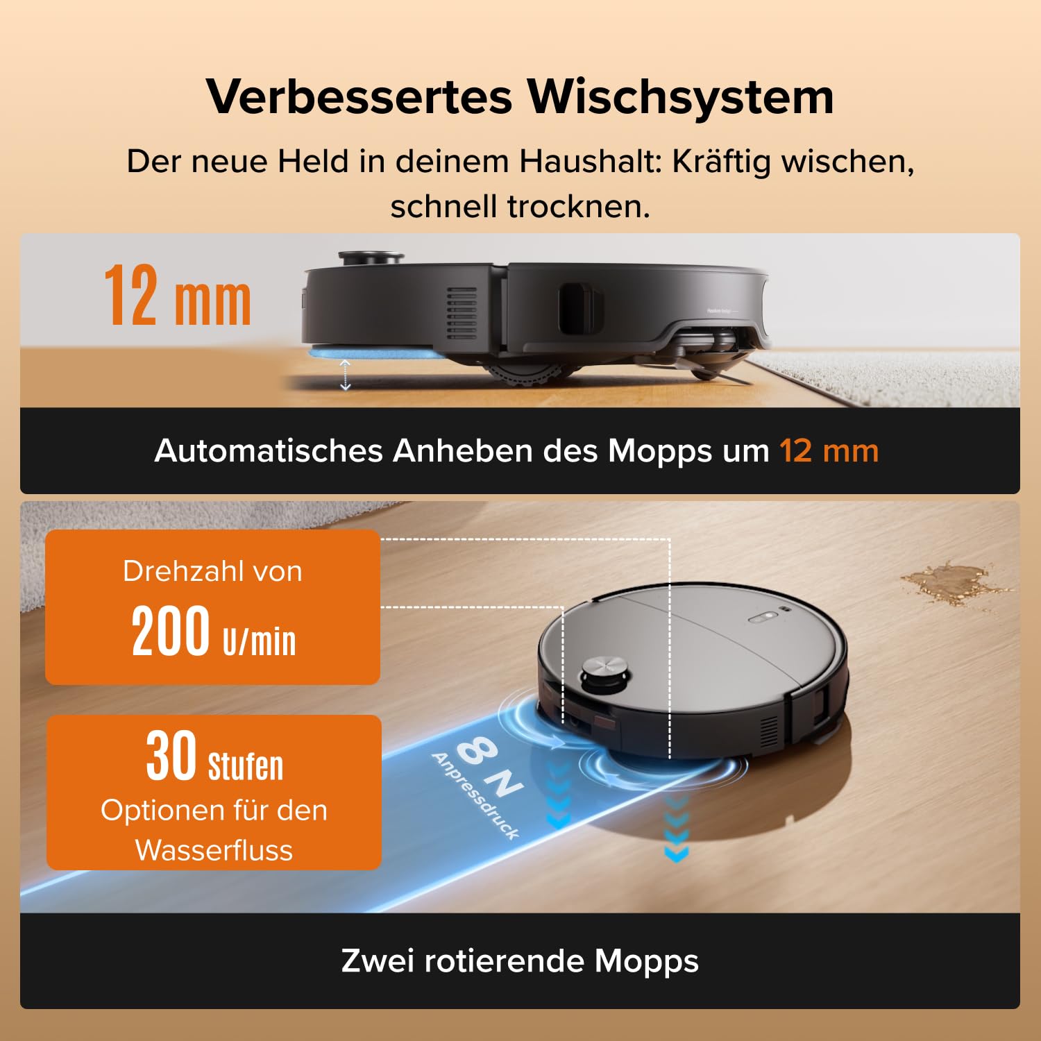 roborock Qrevo Edge 2 Set Saugroboter mit Wischfunktion&Hebarem Wischmopp, 25.000 Pa, Anti-Tangle, ultraflach 7,98 cm, 80 °C Heißwasser-Moppwäsche, FlexiArm-Technologie, AI-Hinderniserkennung(Schwarz) 3